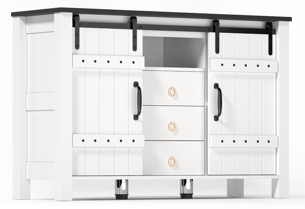 Versatile Sideboard with 3 Drawers and Quiet Sliding Doors, Rustic Buffet Cabinet for Kitchen, Dining Areas, 120L x 40W x 80H cm, White Aosom UK