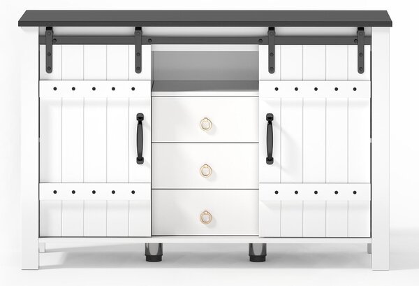 Versatile Sideboard with 3 Drawers and Quiet Sliding Doors, Rustic Buffet Cabinet for Kitchen, Dining Areas, 120L x 40W x 80H cm, White Aosom UK