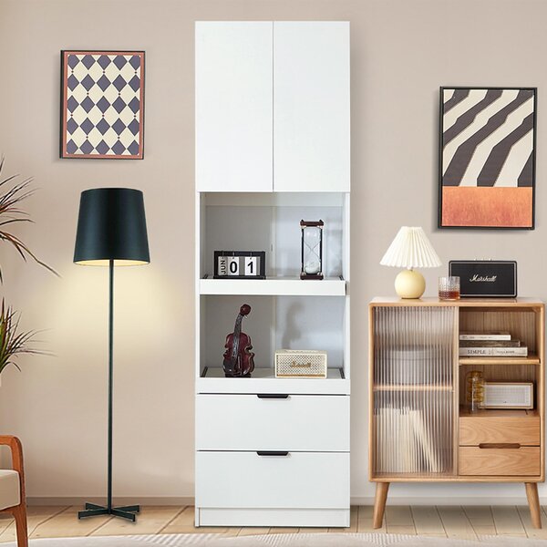 Freestanding Pantry Cabinet with 2 Open Sliding Shelves, Multifunctional Sideboard for Dining & Living Rooms, 59.5L x 45W x 200H cm, White Aosom UK