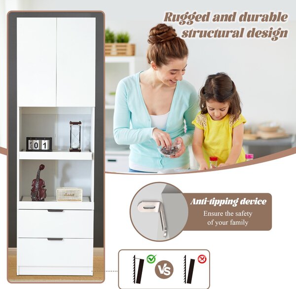 Freestanding Pantry Cabinet with 2 Open Sliding Shelves, Multifunctional Sideboard for Dining & Living Rooms, 59.5L x 45W x 200H cm, White Aosom UK