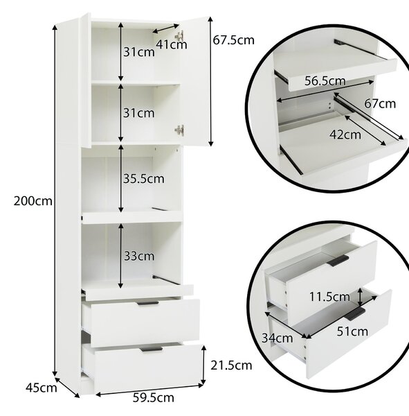 Freestanding Pantry Cabinet with 2 Open Sliding Shelves, Multifunctional Sideboard for Dining & Living Rooms, 59.5L x 45W x 200H cm, White Aosom UK