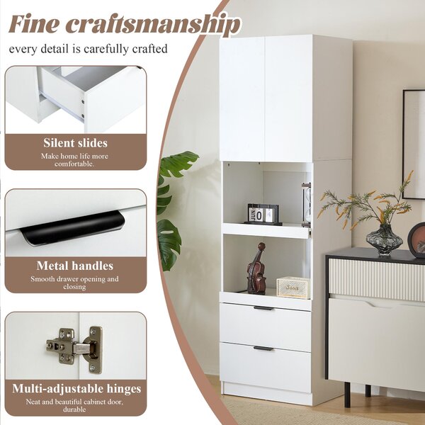 Freestanding Pantry Cabinet with 2 Open Sliding Shelves, Multifunctional Sideboard for Dining & Living Rooms, 59.5L x 45W x 200H cm, White Aosom UK