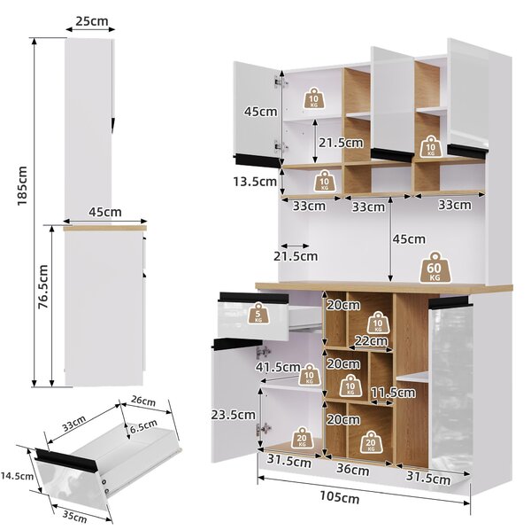 Stylish Kitchen Cabinet with Open Storage, Anti-Tip Protection, Versatile Sideboard for Dining, Living Areas, 105L x 45W x 185H cm, White Aosom UK