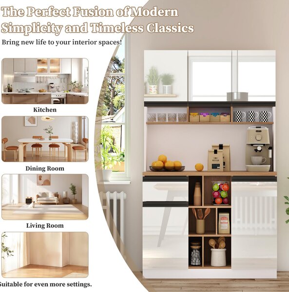Stylish Kitchen Cabinet with Open Storage, Anti-Tip Protection, Versatile Sideboard for Dining, Living Areas, 105L x 45W x 185H cm, White Aosom UK