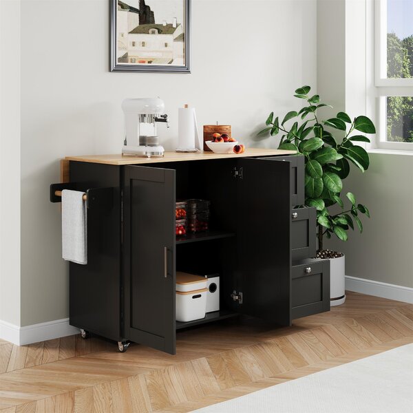 Versatile Kitchen Island with 3 Drawers and 2-Door Cabinet, Space-Saving Rolling Trolley with Foldable Worktop, 135L x 70W x 90H cm, Black Aosom UK