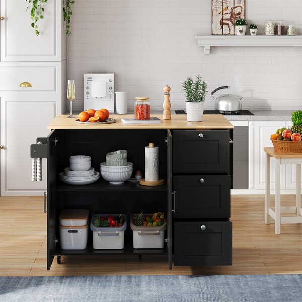 Versatile Kitchen Island with 3 Drawers and 2-Door Cabinet, Space-Saving Rolling Trolley with Foldable Worktop, 135L x 70W x 90H cm, Black Aosom UK
