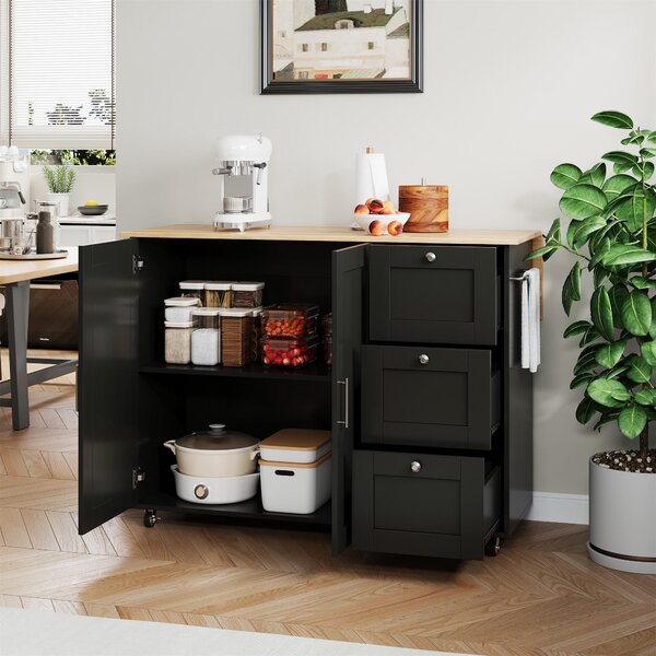 Versatile Kitchen Island with 3 Drawers and 2-Door Cabinet, Space-Saving Rolling Trolley with Foldable Worktop, 135L x 70W x 90H cm, Black Aosom UK