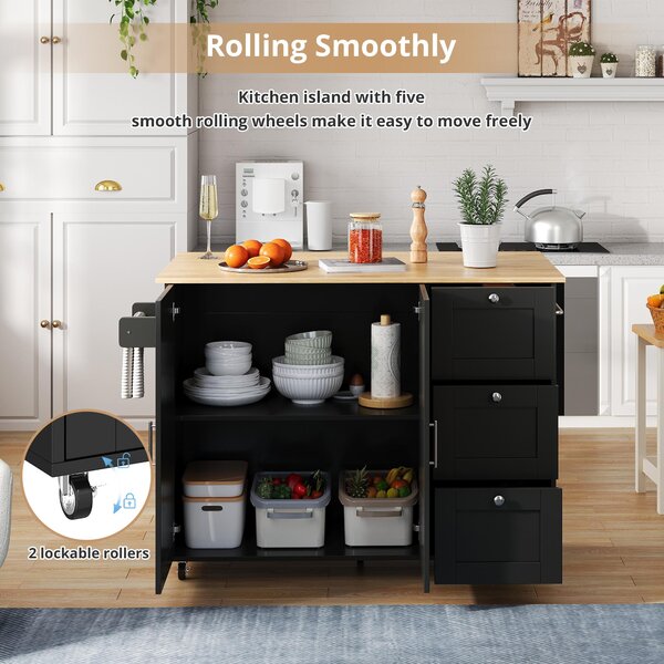 Versatile Kitchen Island with 3 Drawers and 2-Door Cabinet, Space-Saving Rolling Trolley with Foldable Worktop, 135L x 70W x 90H cm, Black Aosom UK