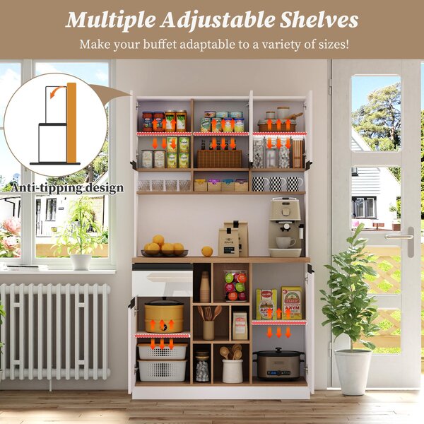 Stylish Kitchen Cabinet with Open Storage, Anti-Tip Protection, Versatile Sideboard for Dining, Living Areas, 105L x 45W x 185H cm, White Aosom UK