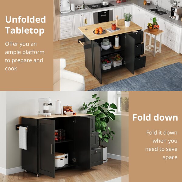 Versatile Kitchen Island with 3 Drawers and 2-Door Cabinet, Space-Saving Rolling Trolley with Foldable Worktop, 135L x 70W x 90H cm, Black Aosom UK