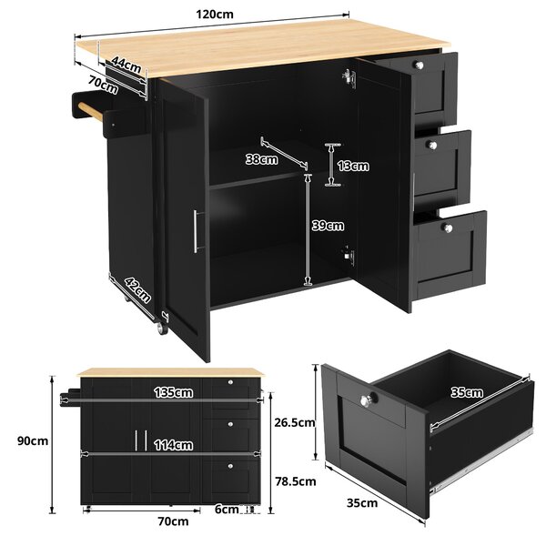 Versatile Kitchen Island with 3 Drawers and 2-Door Cabinet, Space-Saving Rolling Trolley with Foldable Worktop, 135L x 70W x 90H cm, Black Aosom UK