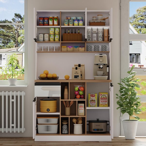 Stylish Kitchen Cabinet with Open Storage, Anti-Tip Protection, Versatile Sideboard for Dining, Living Areas, 105L x 45W x 185H cm, White Aosom UK