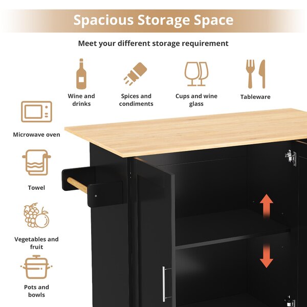 Versatile Kitchen Island with 3 Drawers and 2-Door Cabinet, Space-Saving Rolling Trolley with Foldable Worktop, 135L x 70W x 90H cm, Black Aosom UK