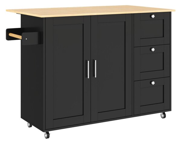 Versatile Kitchen Island with 3 Drawers and 2-Door Cabinet, Space-Saving Rolling Trolley with Foldable Worktop, 135L x 70W x 90H cm, Black Aosom UK