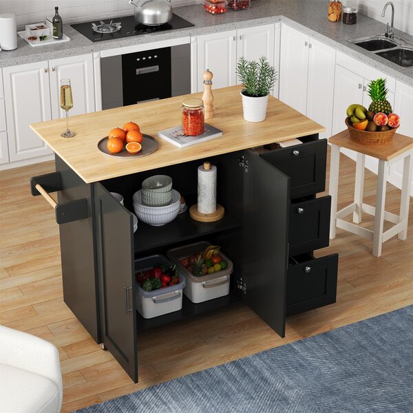 Versatile Kitchen Island with 3 Drawers and 2-Door Cabinet, Space-Saving Rolling Trolley with Foldable Worktop, 135L x 70W x 90H cm, Black Aosom UK