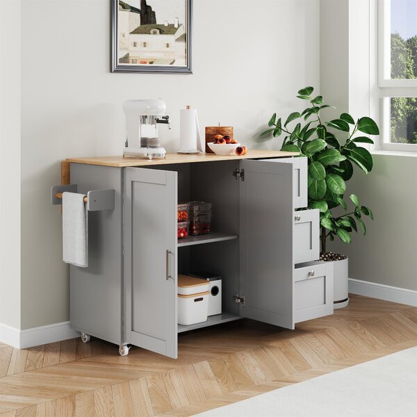 Versatile Kitchen Island with 3 Drawers and 2-Door Cabinet, Space-Saving Rolling Trolley with Foldable Worktop, 135L x 70W x 90H cm, Grey Aosom UK