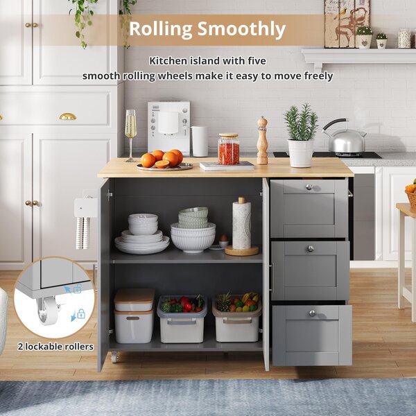 Versatile Kitchen Island with 3 Drawers and 2-Door Cabinet, Space-Saving Rolling Trolley with Foldable Worktop, 135L x 70W x 90H cm, Grey Aosom UK
