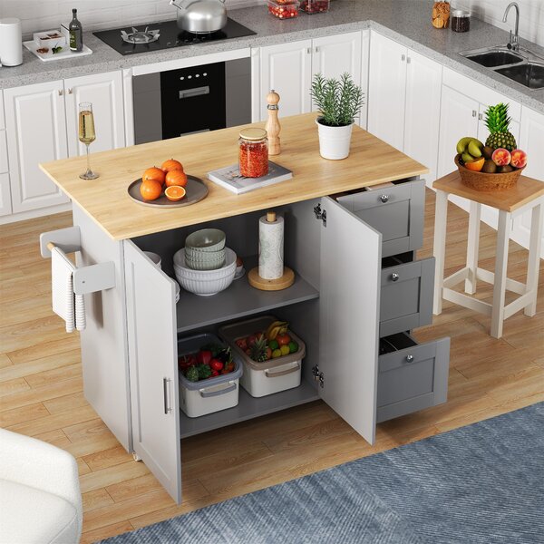 Versatile Kitchen Island with 3 Drawers and 2-Door Cabinet, Space-Saving Rolling Trolley with Foldable Worktop, 135L x 70W x 90H cm, Grey Aosom UK