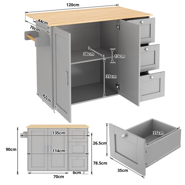 Versatile Kitchen Island with 3 Drawers and 2-Door Cabinet, Space-Saving Rolling Trolley with Foldable Worktop, 135L x 70W x 90H cm, Grey Aosom UK