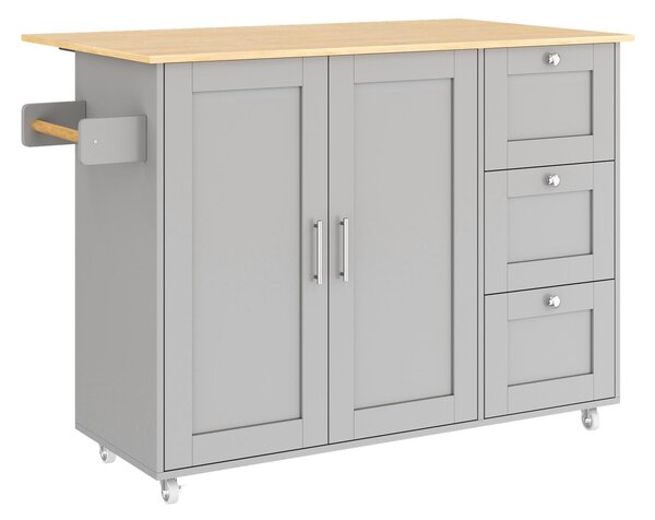 Versatile Kitchen Island with 3 Drawers and 2-Door Cabinet, Space-Saving Rolling Trolley with Foldable Worktop, 135L x 70W x 90H cm, Grey Aosom UK