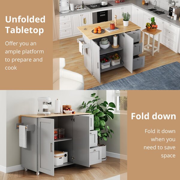 Versatile Kitchen Island with 3 Drawers and 2-Door Cabinet, Space-Saving Rolling Trolley with Foldable Worktop, 135L x 70W x 90H cm, Grey Aosom UK