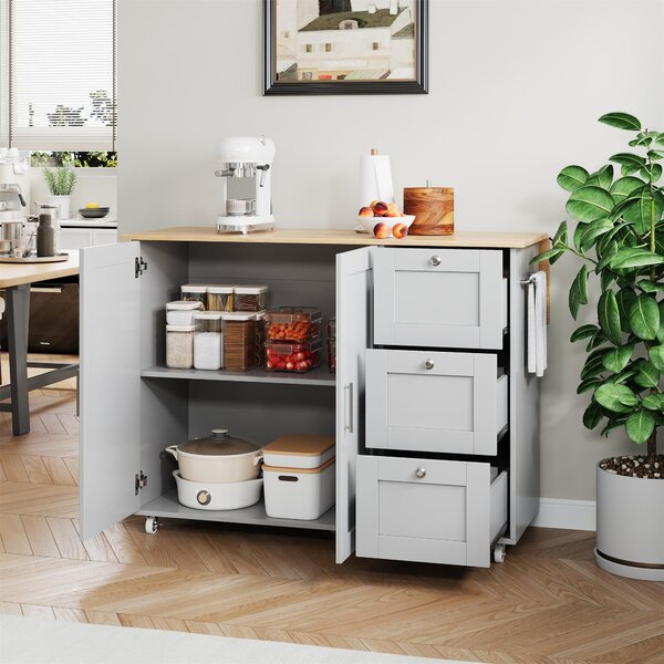 Versatile Kitchen Island with 3 Drawers and 2-Door Cabinet, Space-Saving Rolling Trolley with Foldable Worktop, 135L x 70W x 90H cm, Grey Aosom UK