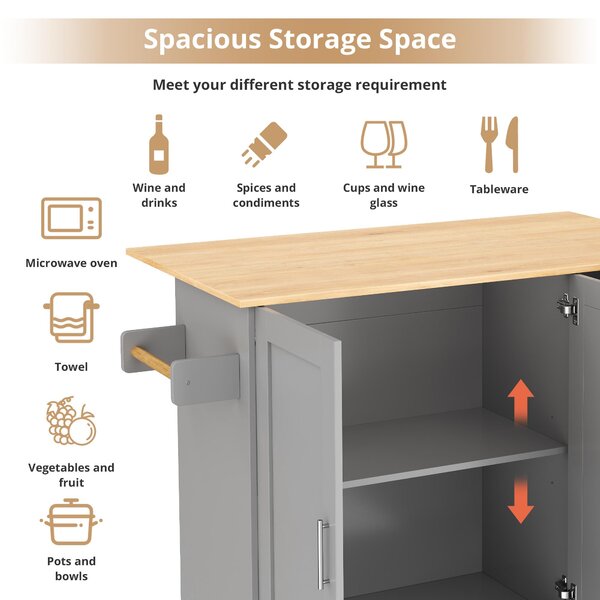 Versatile Kitchen Island with 3 Drawers and 2-Door Cabinet, Space-Saving Rolling Trolley with Foldable Worktop, 135L x 70W x 90H cm, Grey Aosom UK