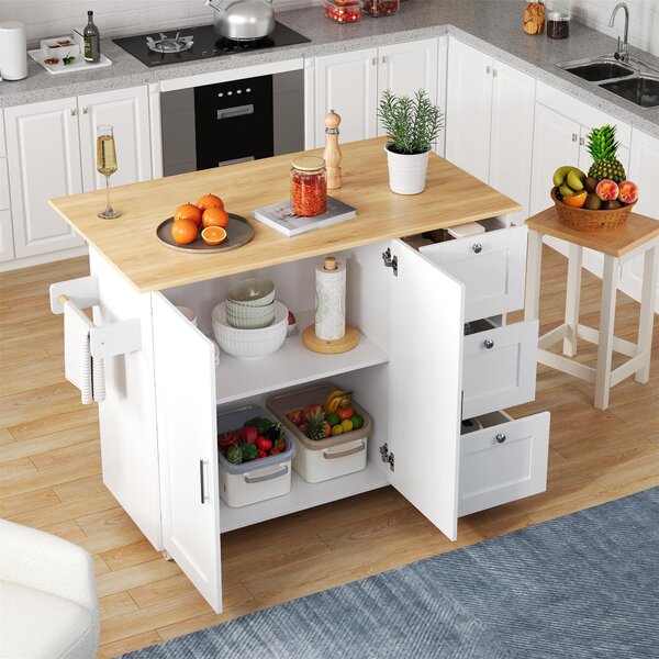 Versatile Kitchen Island with 3 Drawers and 2-Door Cabinet, Space-Saving Rolling Trolley with Foldable Worktop, 135L x 70W x 90H cm, White Aosom UK
