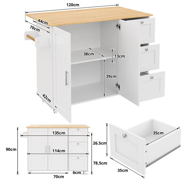 Versatile Kitchen Island with 3 Drawers and 2-Door Cabinet, Space-Saving Rolling Trolley with Foldable Worktop, 135L x 70W x 90H cm, White Aosom UK