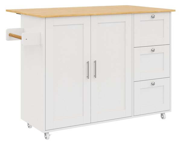 Versatile Kitchen Island with 3 Drawers and 2-Door Cabinet, Space-Saving Rolling Trolley with Foldable Worktop, 135L x 70W x 90H cm, White Aosom UK