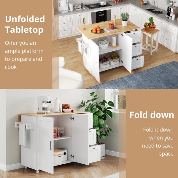 Versatile Kitchen Island with 3 Drawers and 2-Door Cabinet, Space-Saving Rolling Trolley with Foldable Worktop, 135L x 70W x 90H cm, White Aosom UK