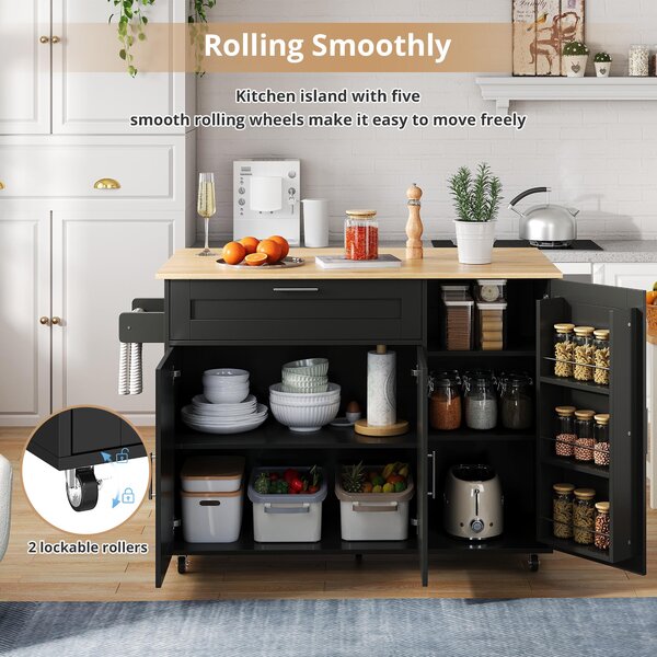 Versatile Kitchen Island with Foldable Worktop and Shelves, Multifunctional Cabinet for Dining Areas, 132.5L x 44W x 90H cm, Black+Natural Aosom UK