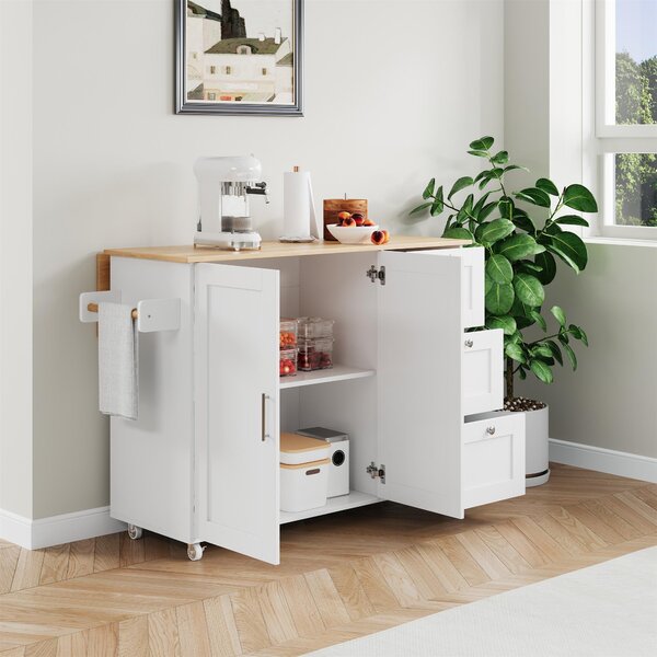 Versatile Kitchen Island with 3 Drawers and 2-Door Cabinet, Space-Saving Rolling Trolley with Foldable Worktop, 135L x 70W x 90H cm, White Aosom UK