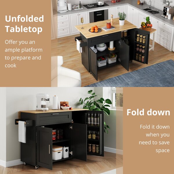Versatile Kitchen Island with Foldable Worktop and Shelves, Multifunctional Cabinet for Dining Areas, 132.5L x 44W x 90H cm, Black+Natural Aosom UK