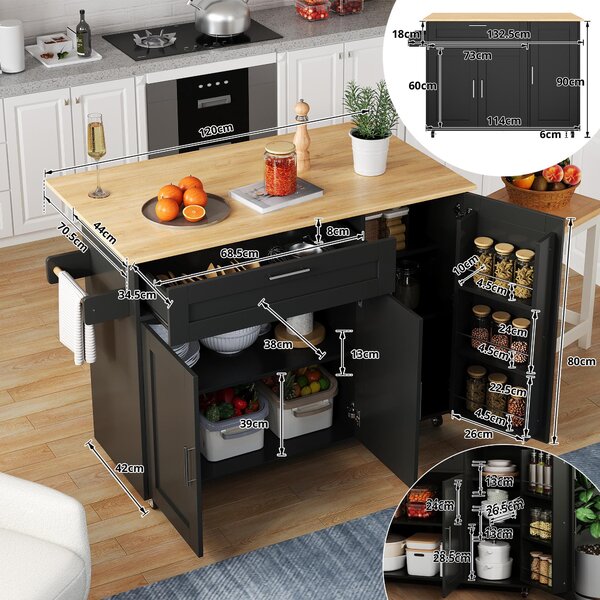 Versatile Kitchen Island with Foldable Worktop and Shelves, Multifunctional Cabinet for Dining Areas, 132.5L x 44W x 90H cm, Black+Natural Aosom UK