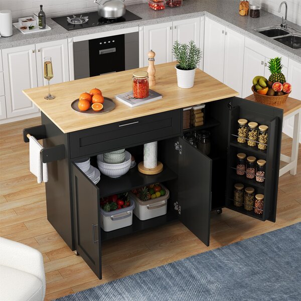 Versatile Kitchen Island with Foldable Worktop and Shelves, Multifunctional Cabinet for Dining Areas, 132.5L x 44W x 90H cm, Black+Natural Aosom UK