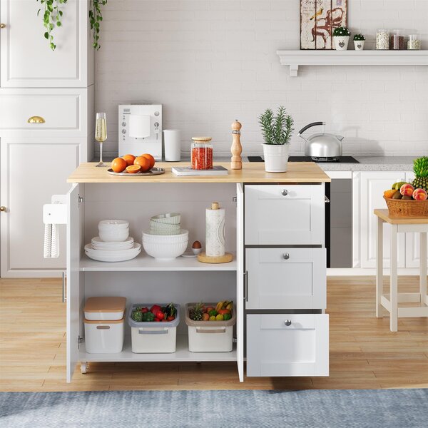 Versatile Kitchen Island with 3 Drawers and 2-Door Cabinet, Space-Saving Rolling Trolley with Foldable Worktop, 135L x 70W x 90H cm, White Aosom UK