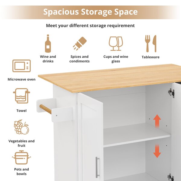 Versatile Kitchen Island with 3 Drawers and 2-Door Cabinet, Space-Saving Rolling Trolley with Foldable Worktop, 135L x 70W x 90H cm, White Aosom UK
