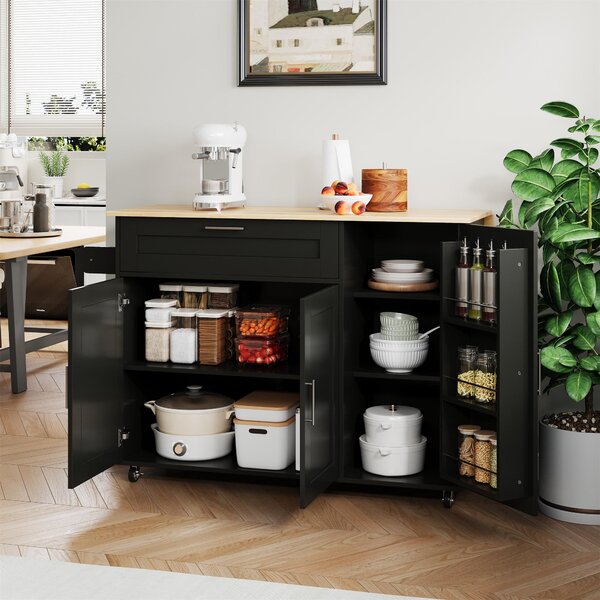 Versatile Kitchen Island with Foldable Worktop and Shelves, Multifunctional Cabinet for Dining Areas, 132.5L x 44W x 90H cm, Black+Natural Aosom UK