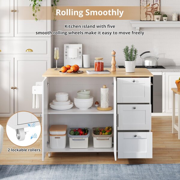 Versatile Kitchen Island with 3 Drawers and 2-Door Cabinet, Space-Saving Rolling Trolley with Foldable Worktop, 135L x 70W x 90H cm, White Aosom UK