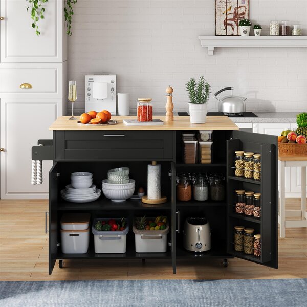 Versatile Kitchen Island with Foldable Worktop and Shelves, Multifunctional Cabinet for Dining Areas, 132.5L x 44W x 90H cm, Black+Natural Aosom UK