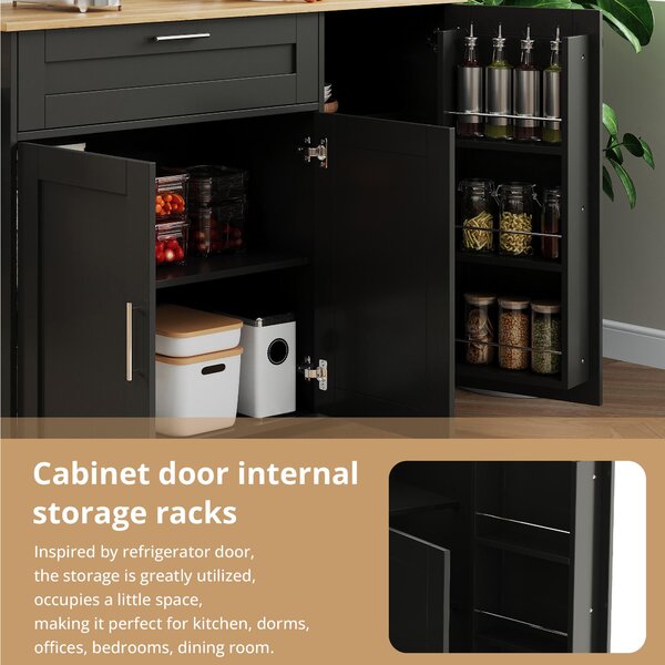 Versatile Kitchen Island with Foldable Worktop and Shelves, Multifunctional Cabinet for Dining Areas, 132.5L x 44W x 90H cm, Black+Natural Aosom UK