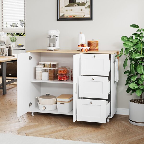 Versatile Kitchen Island with 3 Drawers and 2-Door Cabinet, Space-Saving Rolling Trolley with Foldable Worktop, 135L x 70W x 90H cm, White Aosom UK