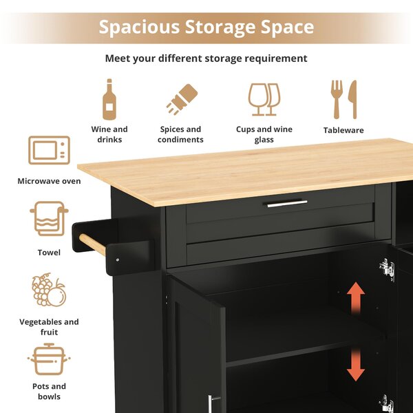 Versatile Kitchen Island with Foldable Worktop and Shelves, Multifunctional Cabinet for Dining Areas, 132.5L x 44W x 90H cm, Black+Natural Aosom UK