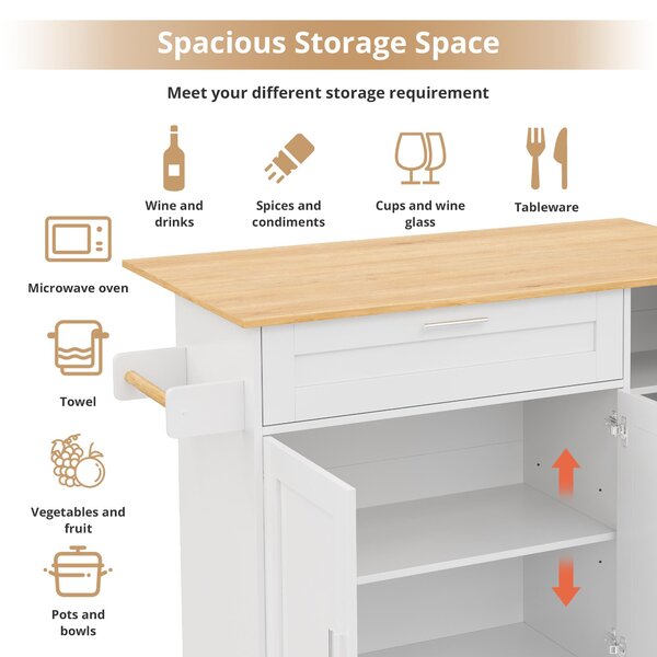 Mobile Kitchen Island with Foldable Oak-Look Worktop, Multi-purpose Trolley with Sliding Drawer, 132.5L x 44W x 90H cm, White+Natural Aosom UK