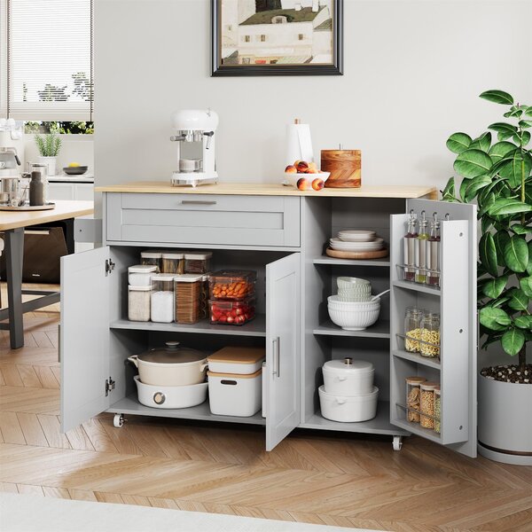 Versatile Kitchen Island with Foldable Worktop, Adjustable Shelves, Multifunctional Cabinet for Dining Areas, 132.5L x 44W x 90H cm, Gray Aosom UK