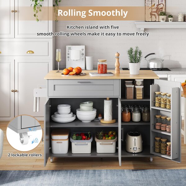 Versatile Kitchen Island with Foldable Worktop, Adjustable Shelves, Multifunctional Cabinet for Dining Areas, 132.5L x 44W x 90H cm, Gray Aosom UK