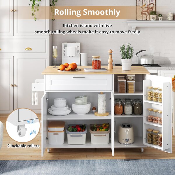 Mobile Kitchen Island with Foldable Oak-Look Worktop, Multi-purpose Trolley with Sliding Drawer, 132.5L x 44W x 90H cm, White+Natural Aosom UK
