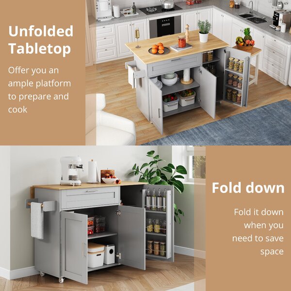 Versatile Kitchen Island with Foldable Worktop, Adjustable Shelves, Multifunctional Cabinet for Dining Areas, 132.5L x 44W x 90H cm, Gray Aosom UK