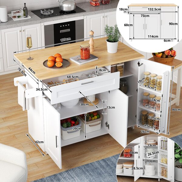 Mobile Kitchen Island with Foldable Oak-Look Worktop, Multi-purpose Trolley with Sliding Drawer, 132.5L x 44W x 90H cm, White+Natural Aosom UK